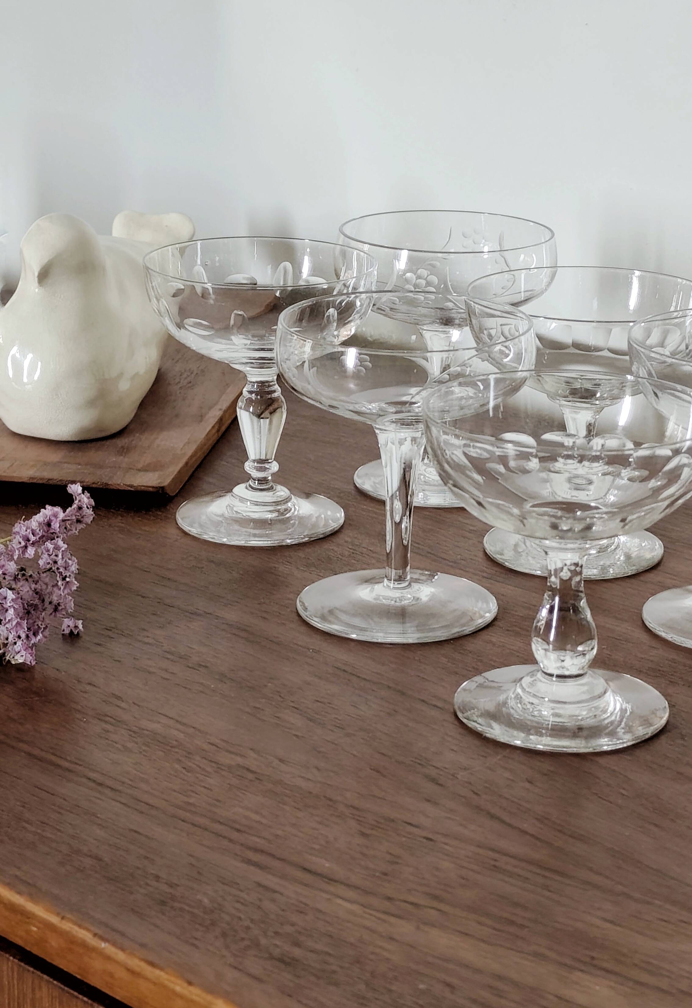 Set of 6 mismatched old crystal champagne glasses