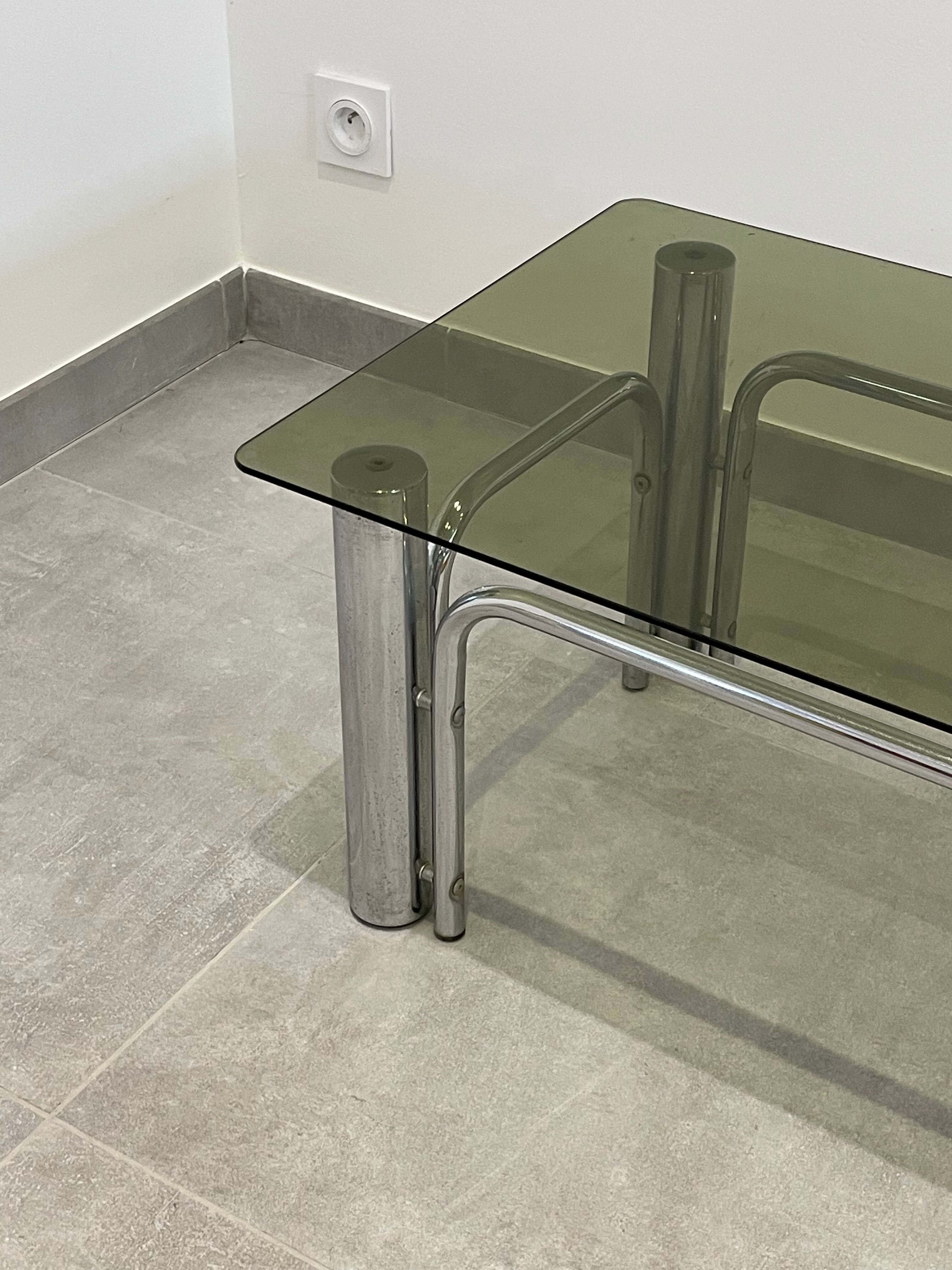 Table basse inox et verre fumé design 1970/80