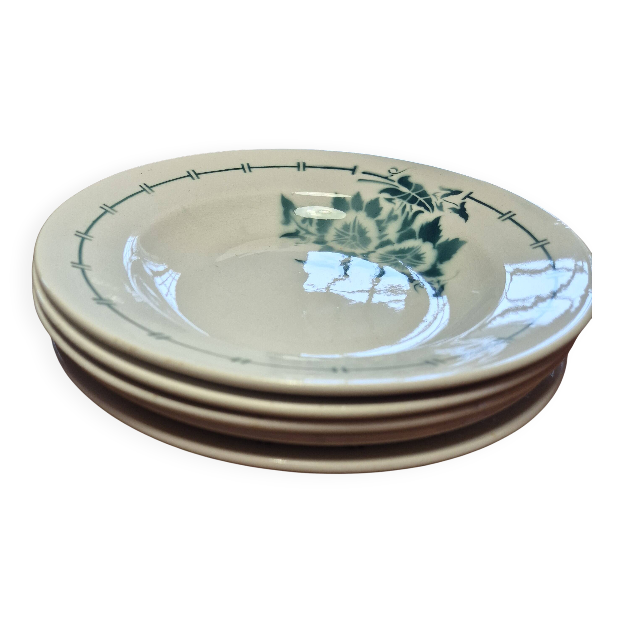 5 deep plates with green edges