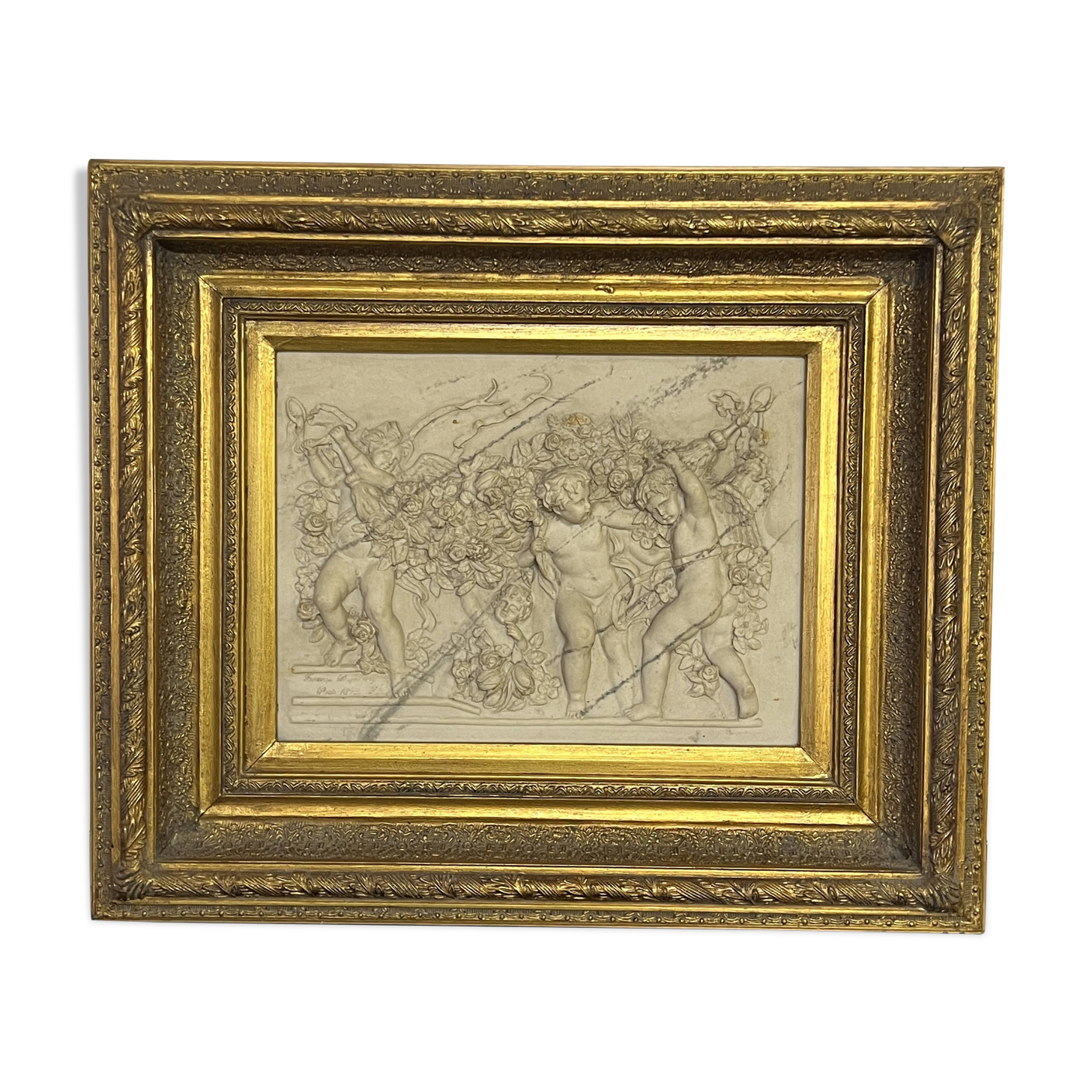 Marble high relief by François Duquesnoy "Putti, garlands and flowers" Paris, 1892