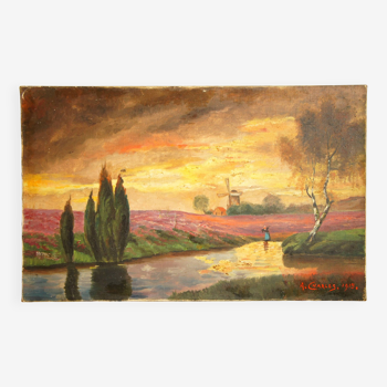 Crépuscule flamboyant, Huile sur toile, A. Charles 1915