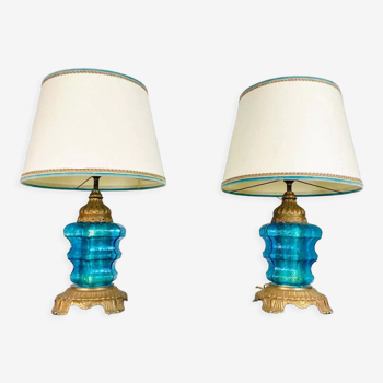 Paire de lampes en verre de Murano bleu, années 1970, Italie - Venise