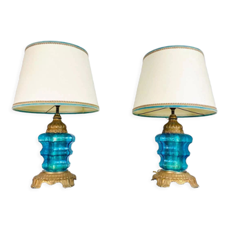 Paire de lampes en verre de Murano bleu, années 1970, Italie - Venise