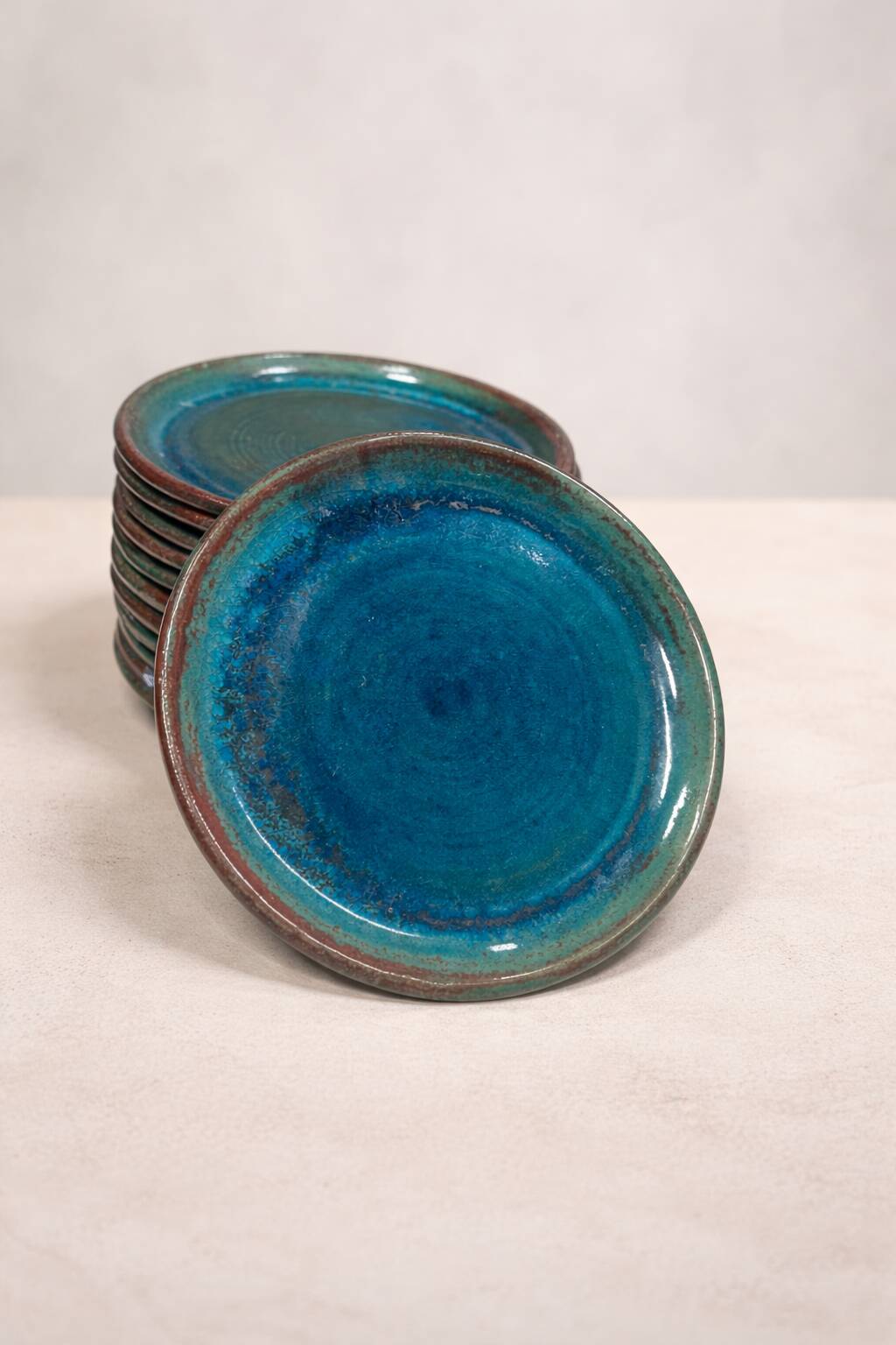 Set of 6 stoneware plates signed Tournay – Turquoise glaze – Vintage years