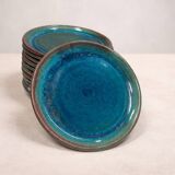 Set of 6 stoneware plates signed Tournay – Turquoise glaze – Vintage years