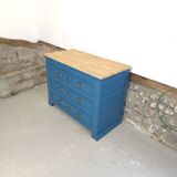 Commode ancienne bleue et dessus chêne