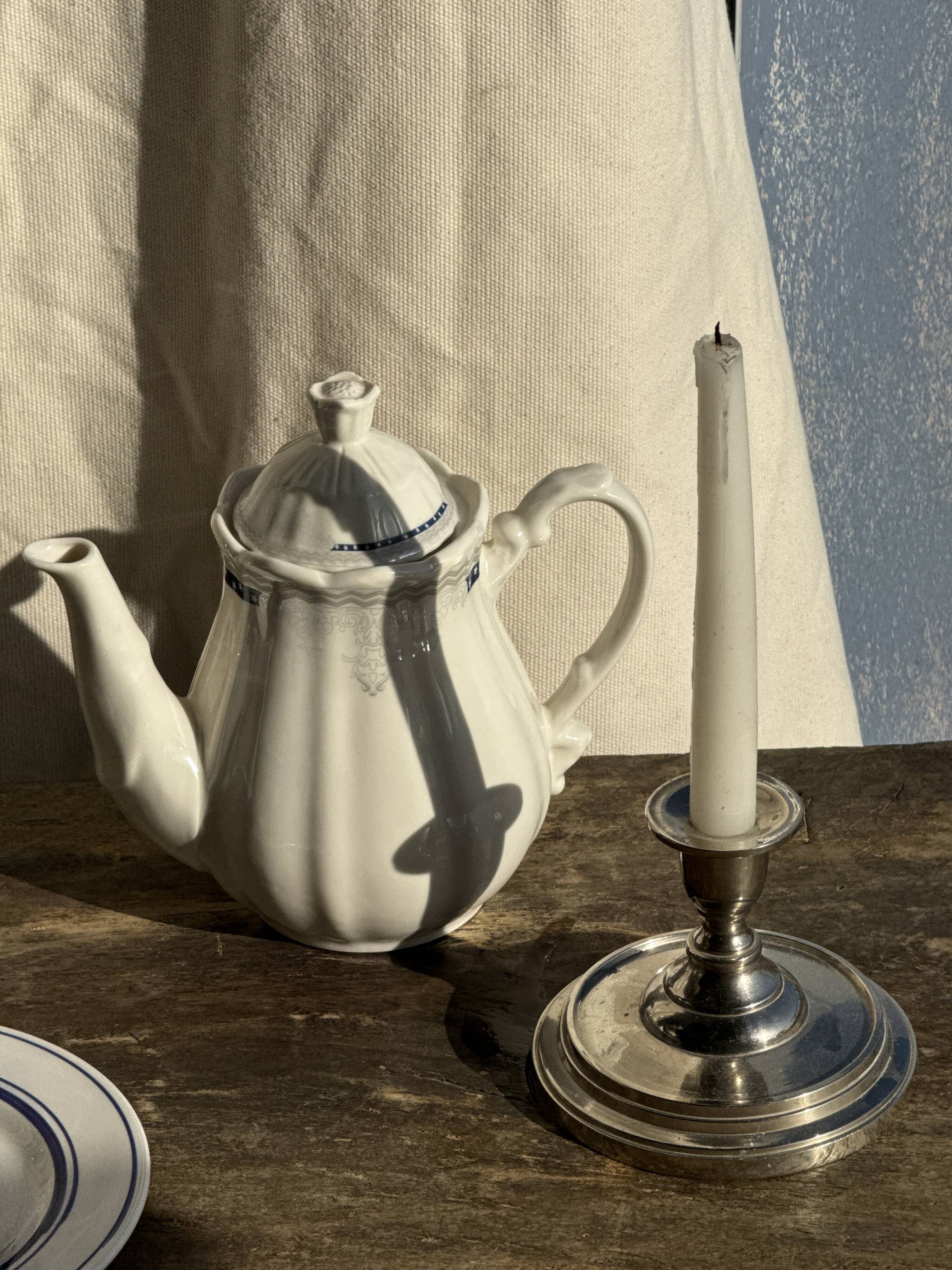 White earthenware teapot with blue and silver trim H22.5