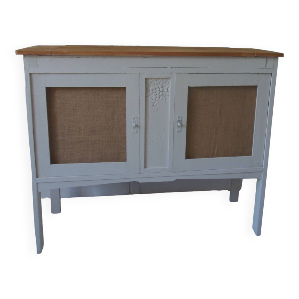 Console, buffet art déco peu profond sublimé en gris perle , 2 portes habillées d'une toile de