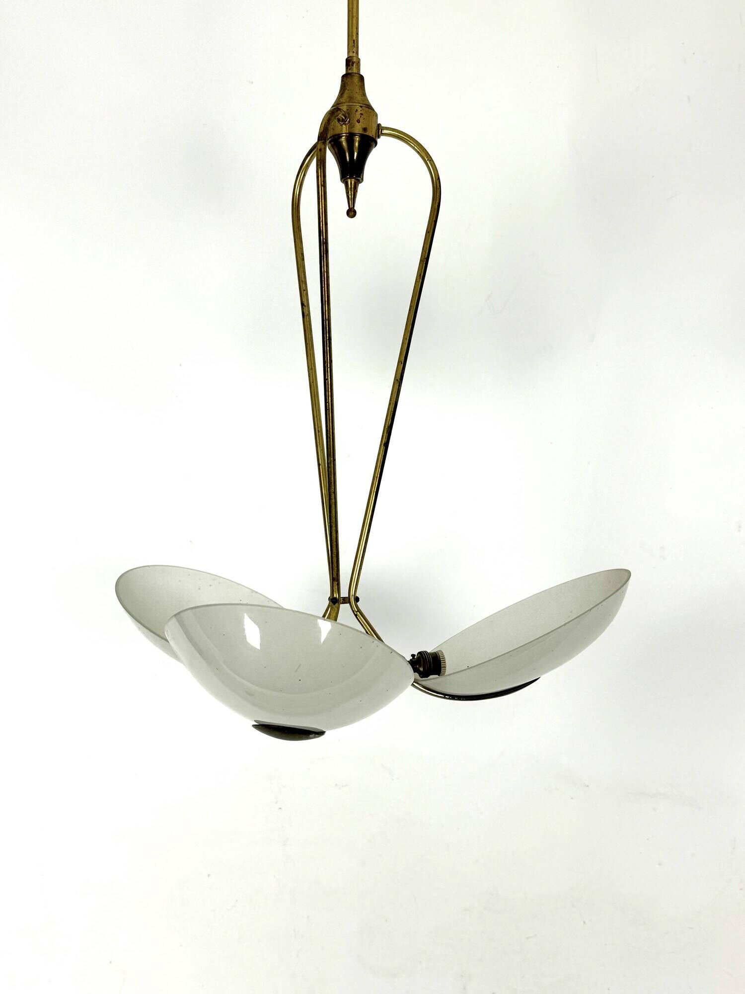 Vintage Italian brass and curved glass chandelier from 1950s