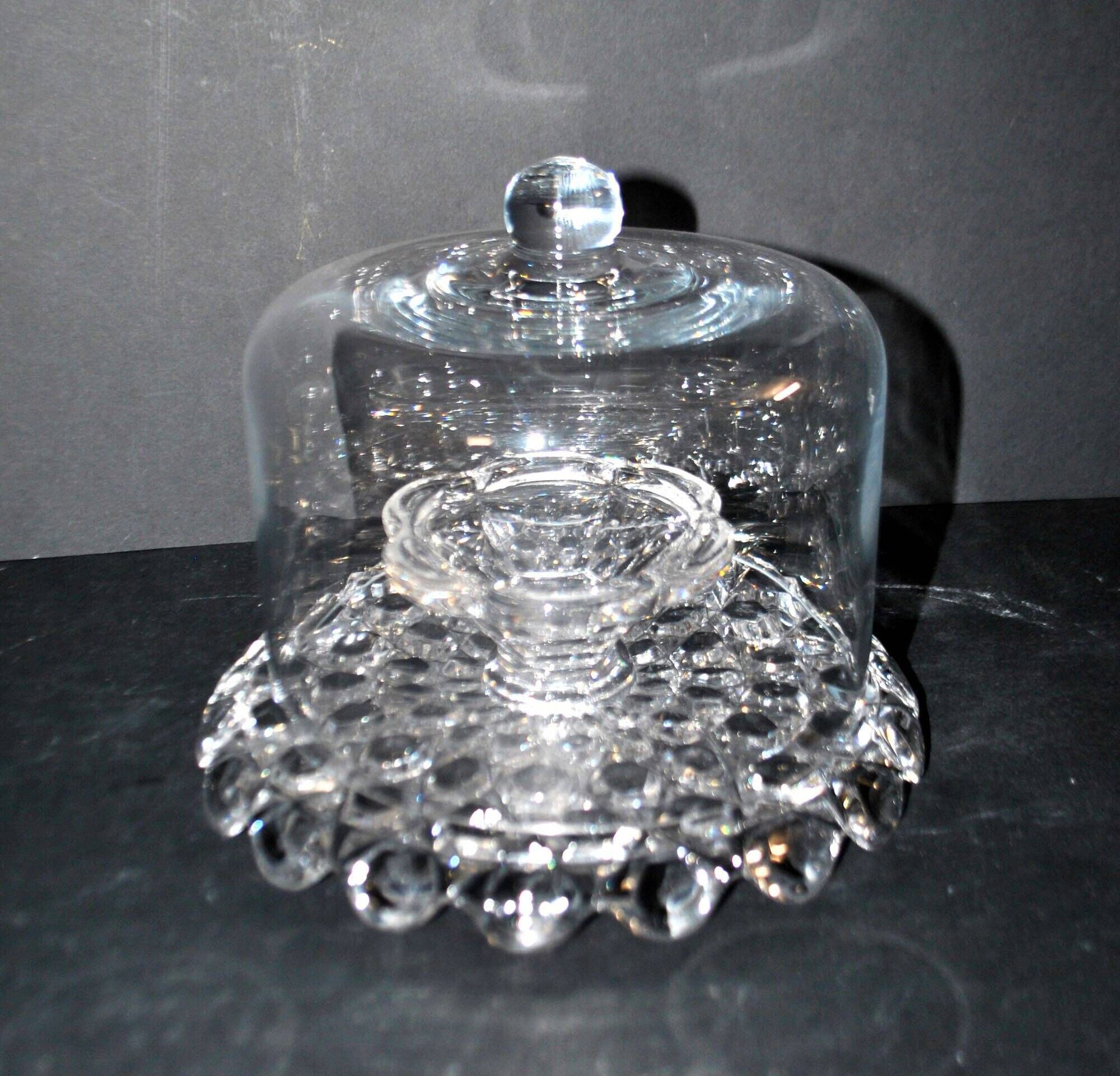 Antique cheese dome on a diamond moulded crystal stand, 1920, marked registered.