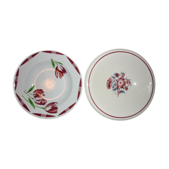 Lot de 2 assiettes tulipes, bouquet rouge grenat