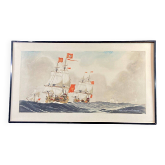 Lithographie Ducher Marine aux voiliers, 1950 par Léon Haffner (1881-1972)