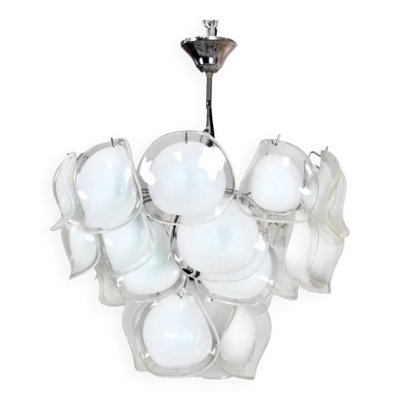 Lustre de style Vistosi en verre de Murano soufflé à la main blanc, Italie