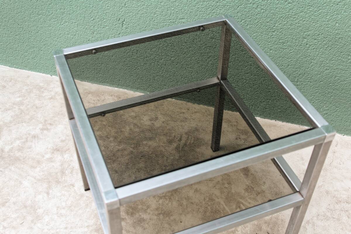 End table, chrome metal and smoked glass coffee table