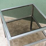 End table, chrome metal and smoked glass coffee table