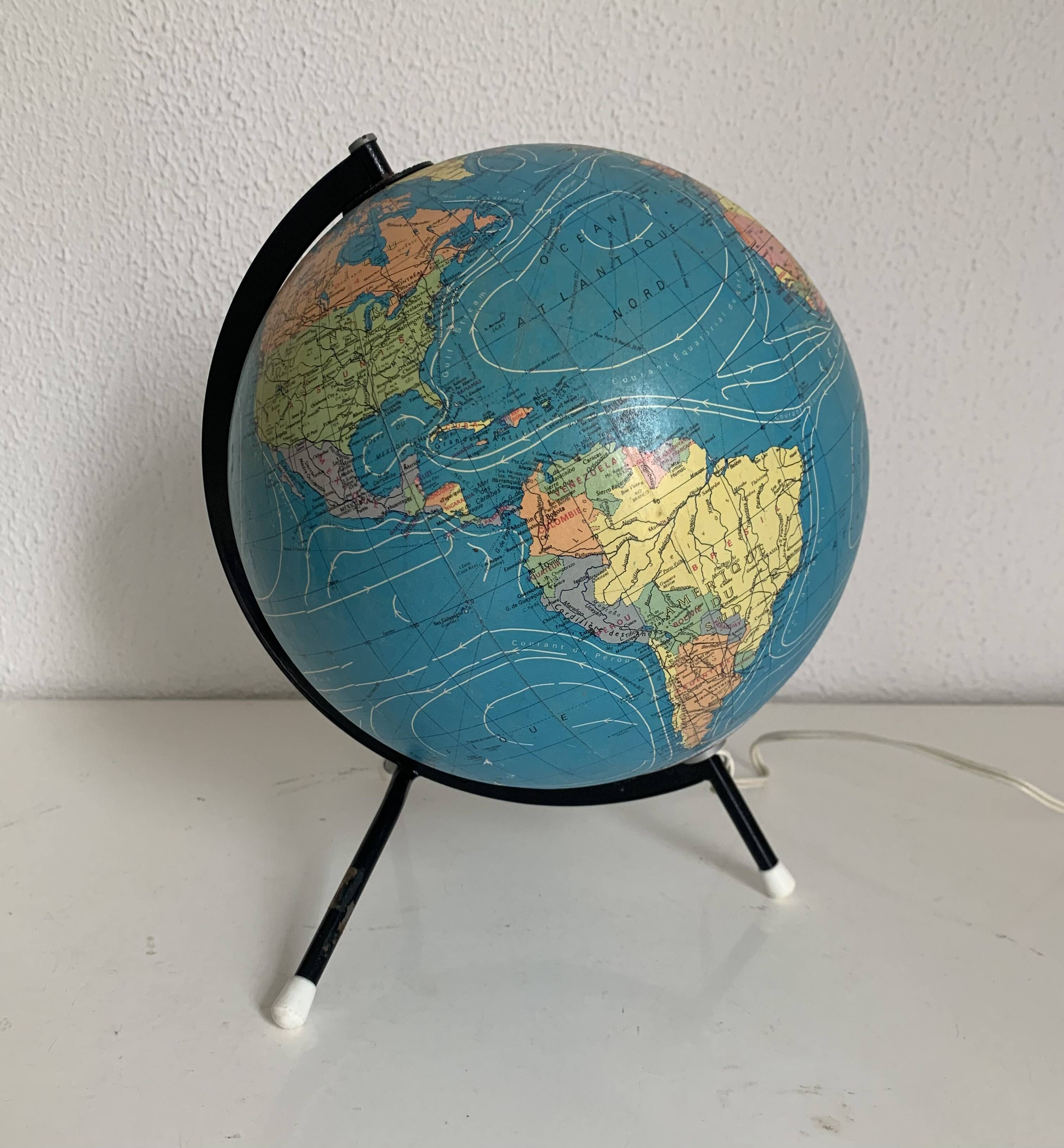 Vintage globe 1975 terrestrial tripod glass Taride world map - 28 cm