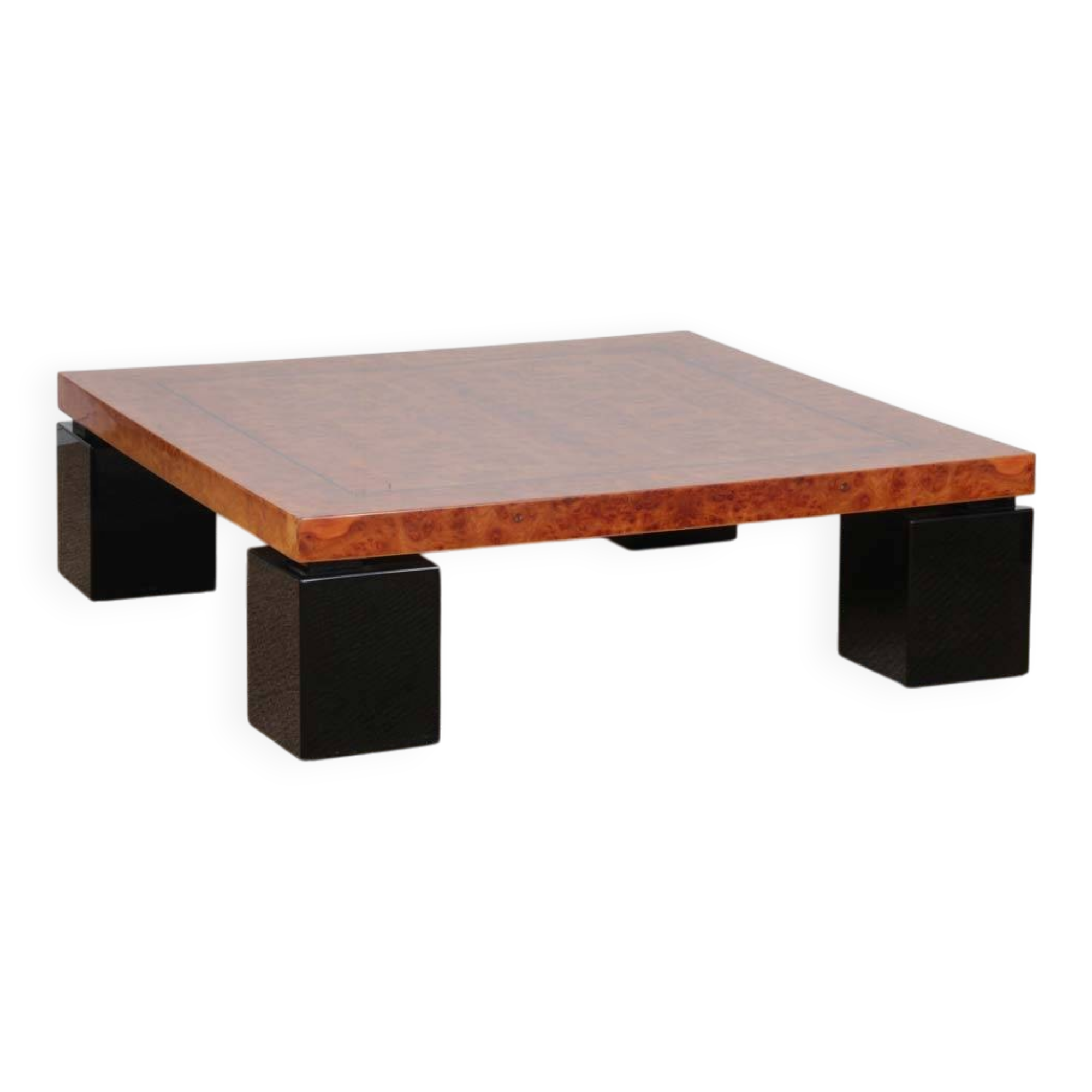 Square coffee table in elm burl, 1980
