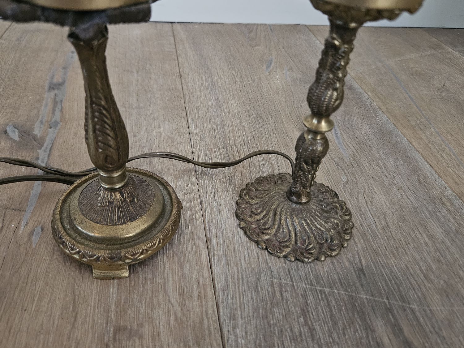 Pair of brass and mother-of-pearl lotus bedside lamps