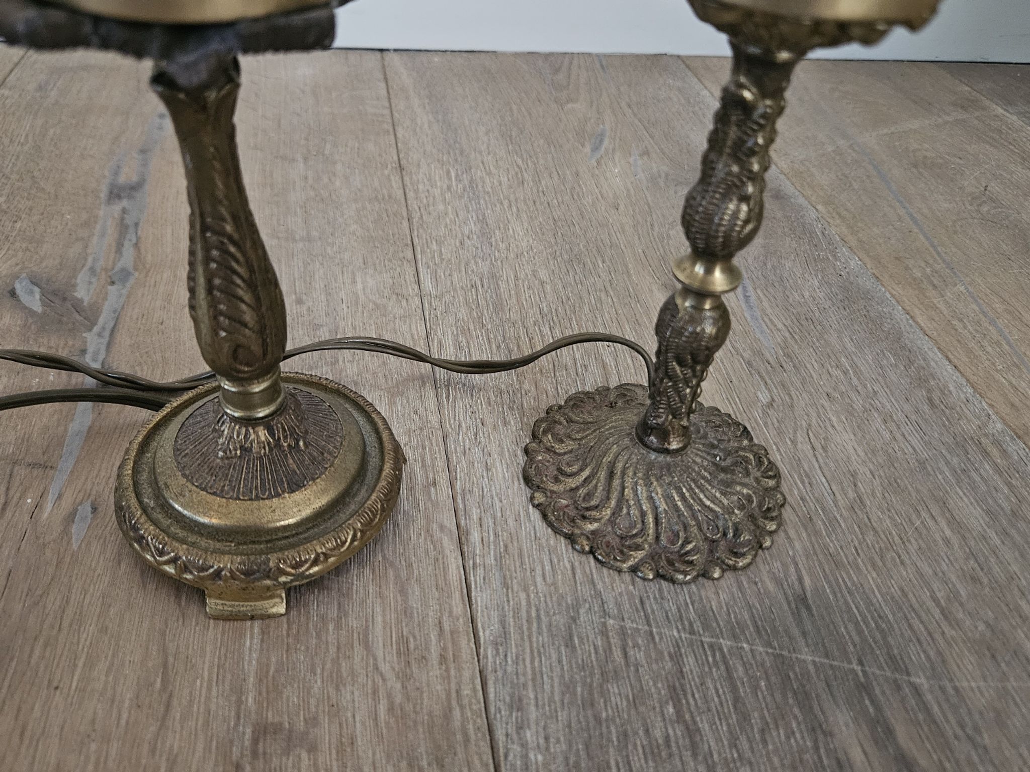 Pair of brass and mother-of-pearl lotus bedside lamps