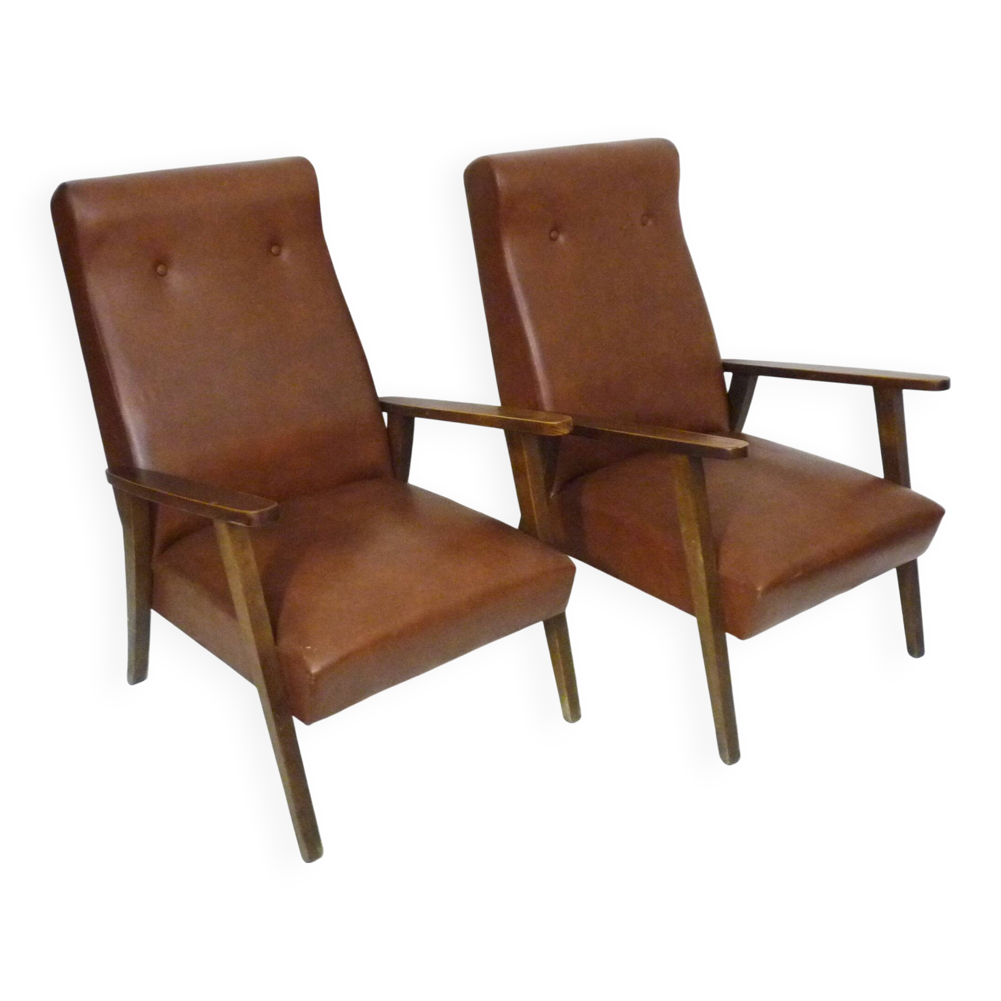 Pair of Scandinavian armchairs in brown leatherette and wood from the 50s and 60s