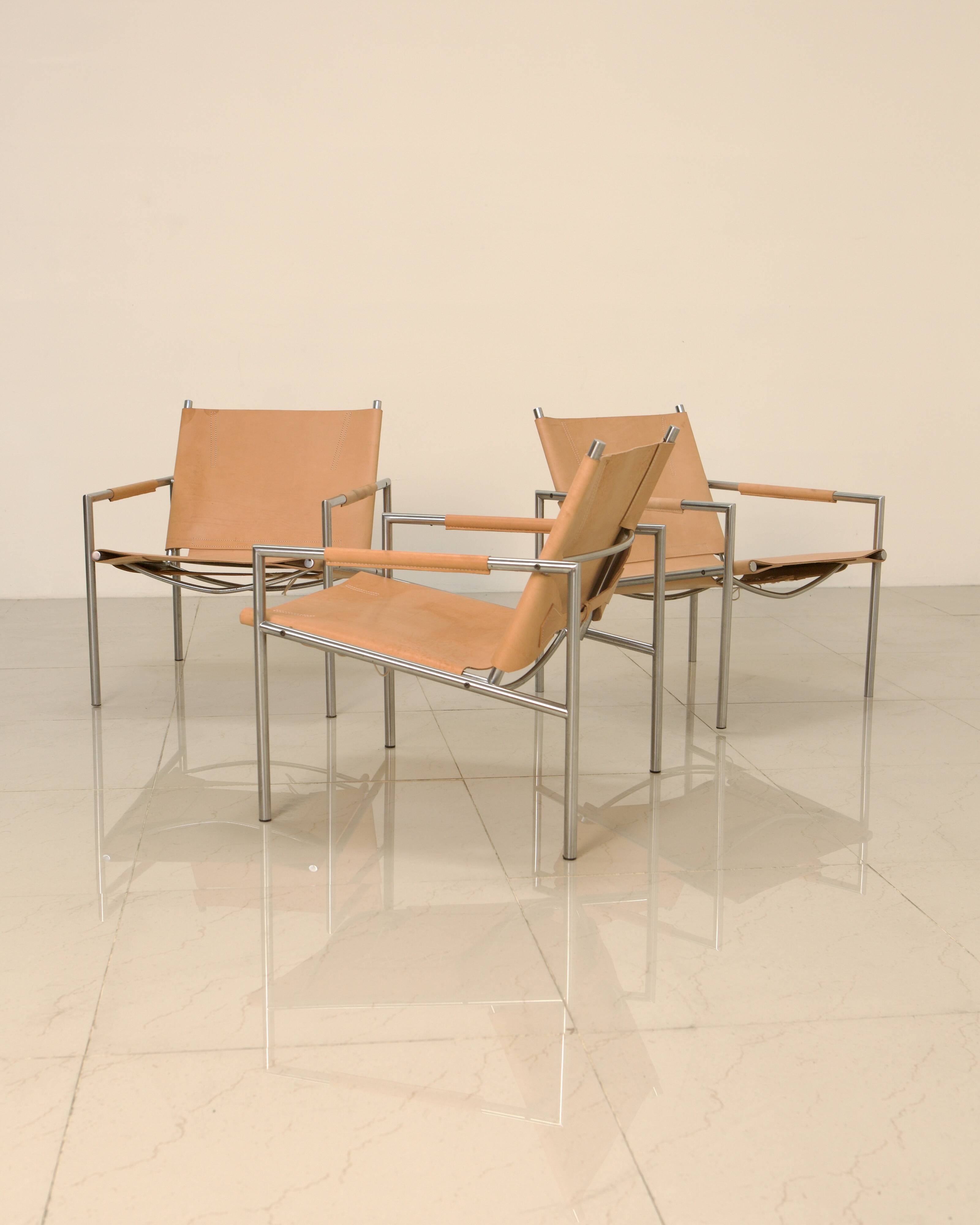 3 "SZ02" armchairs in natural beige leather by Martin Visser for Spectrum 60's