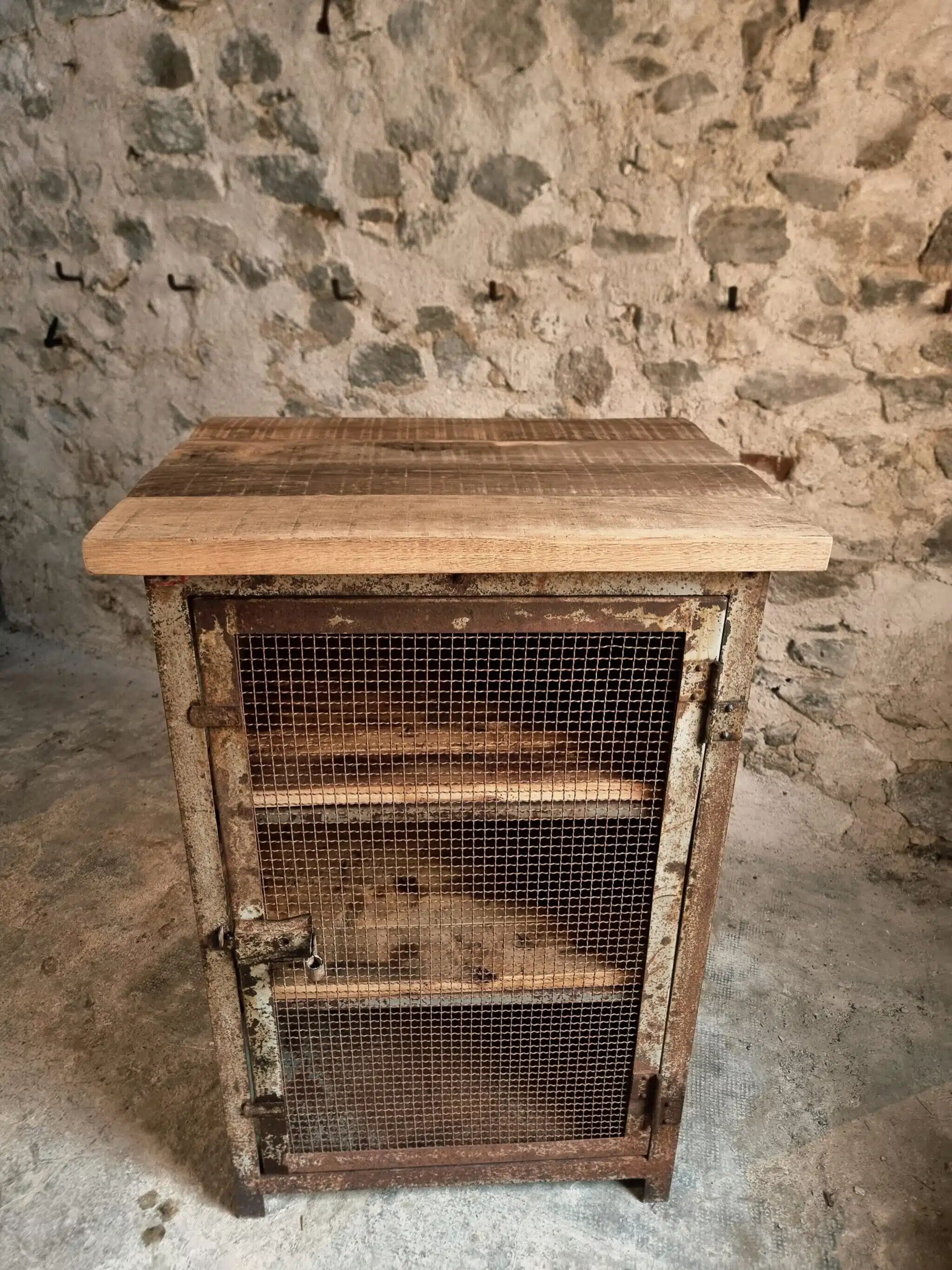 Rare French industrial military cabinet – Air Ministry, 1956 – Metal storage with oak top and wooden shelves