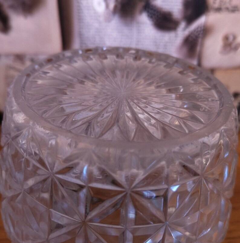 Vintage French barrel-style cut glass ice bucket, decorative metal handle 4506