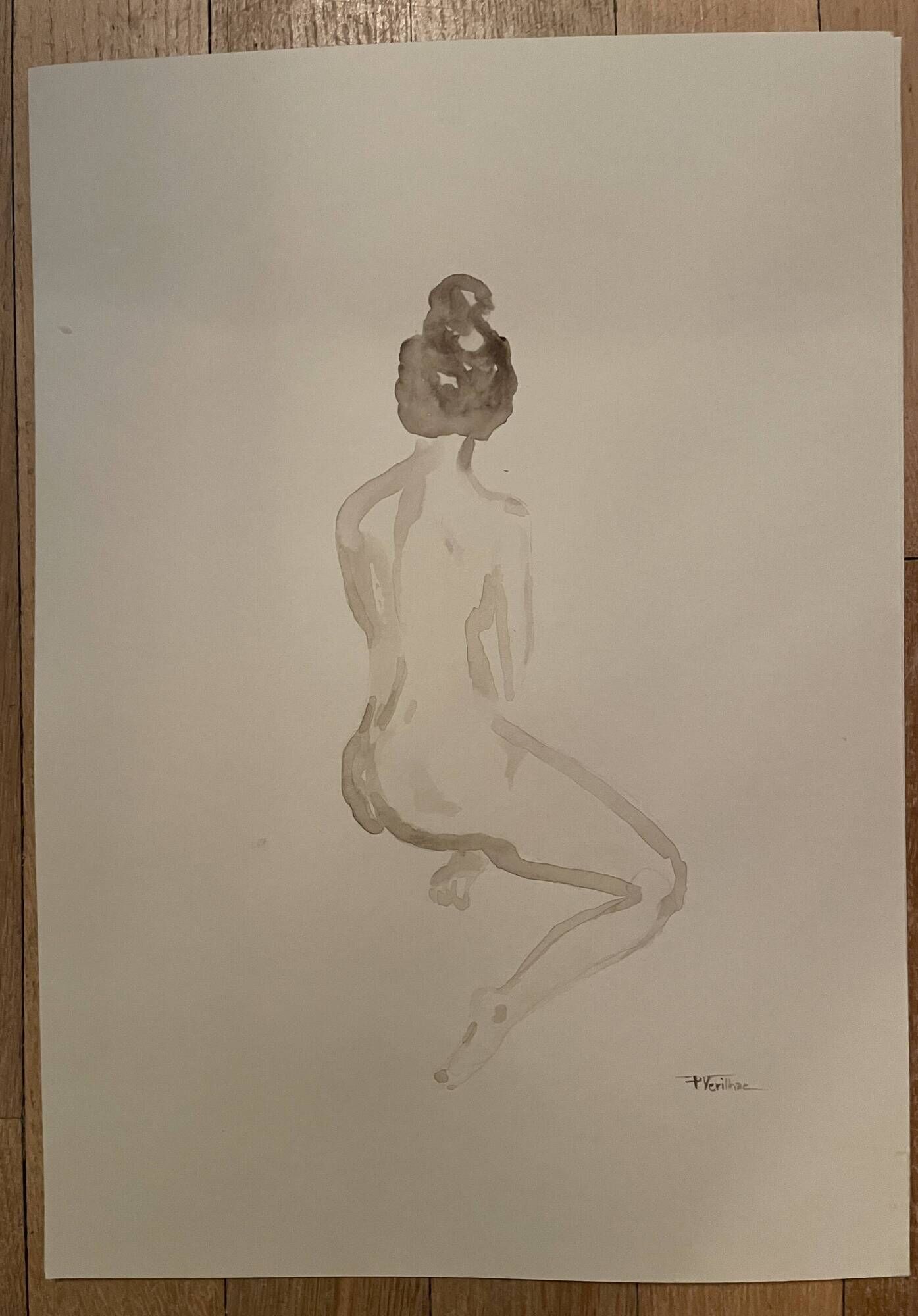 Signed painting monochrome watercolor sepia female portrait "the wait"