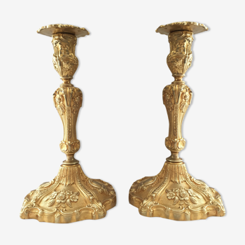 Pair of candle holders torches gilded bronze Louis XV rocaille