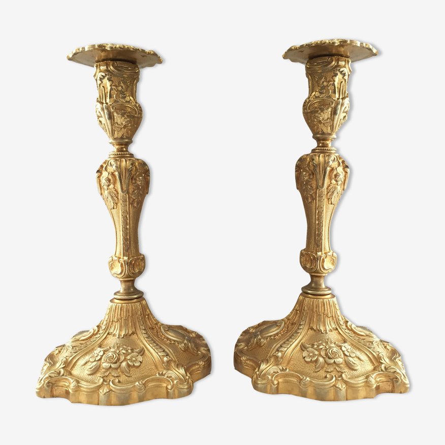 Paire de bougeoirs flambeaux bronze doré Louis XV rocaille | Selency