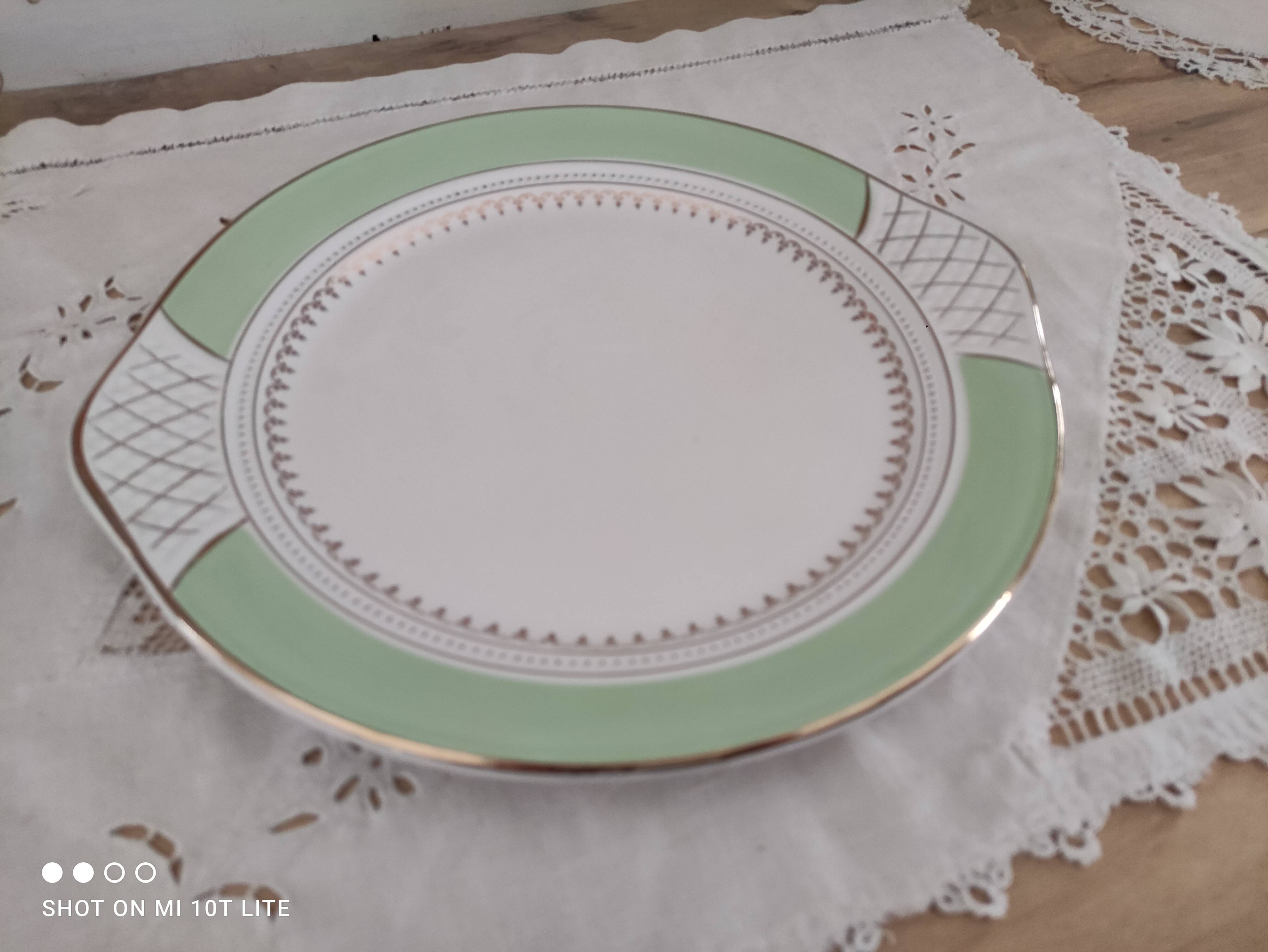 Pie dish with ears in water green and golden frieze l'Amandinoise