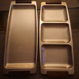 Duo of brushed stainless steel service trays - anses bois - 1970s/80s