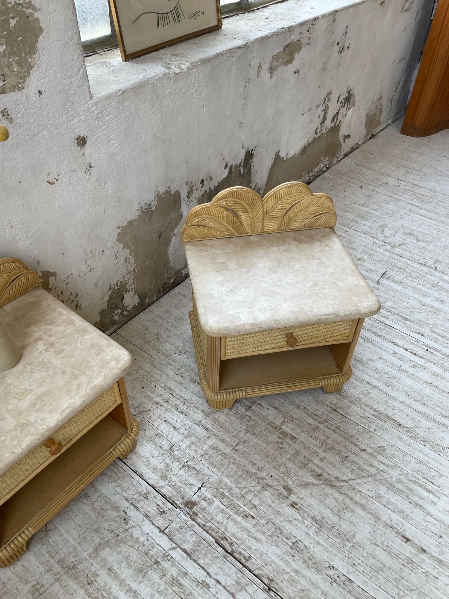 Pair of travertine bedside and rattan palm tree "vivai del sud"