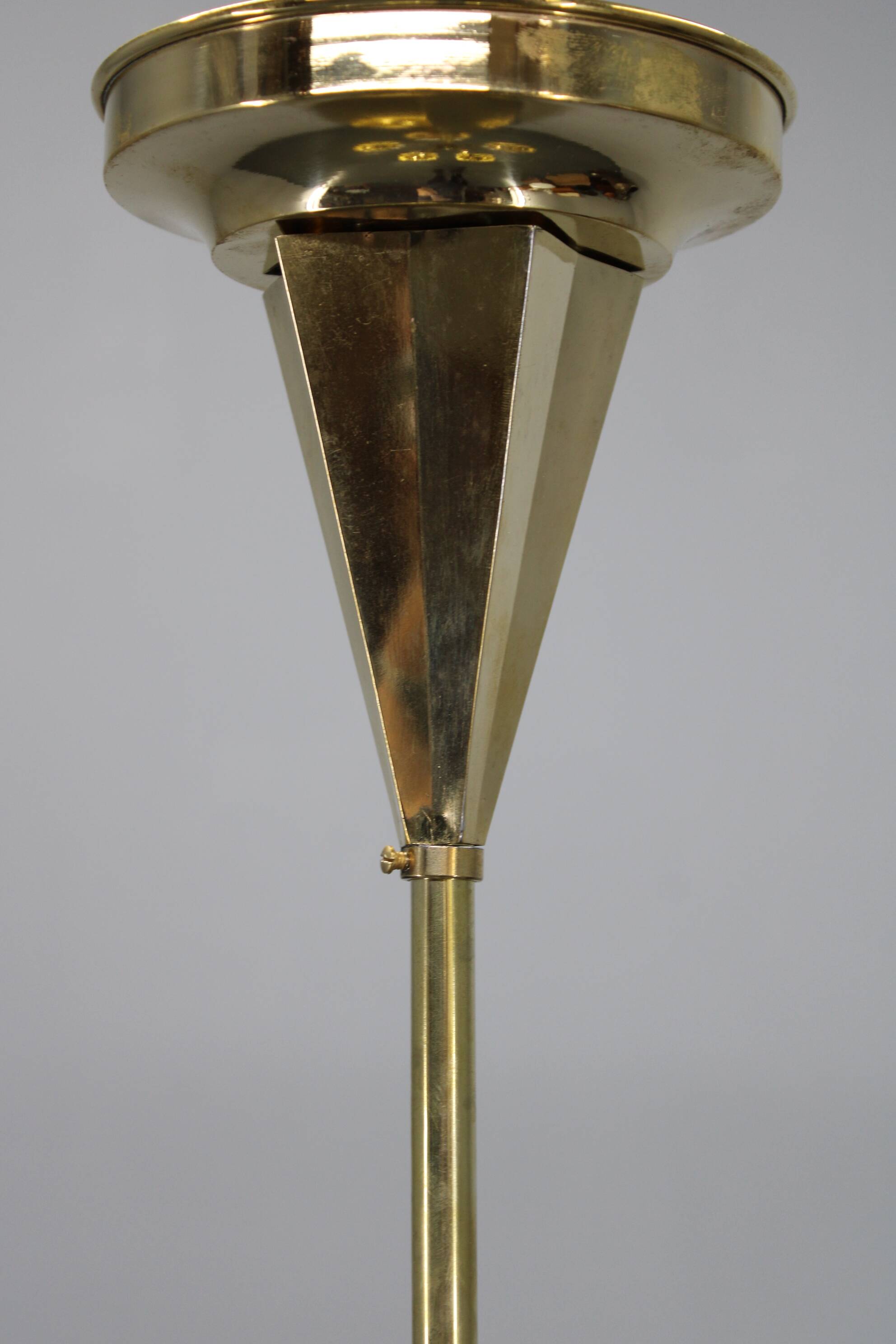 1930s Czechoslovak Art Deco brass chandelier with five opaline glass globes