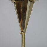 1930s Czechoslovak Art Deco brass chandelier with five opaline glass globes