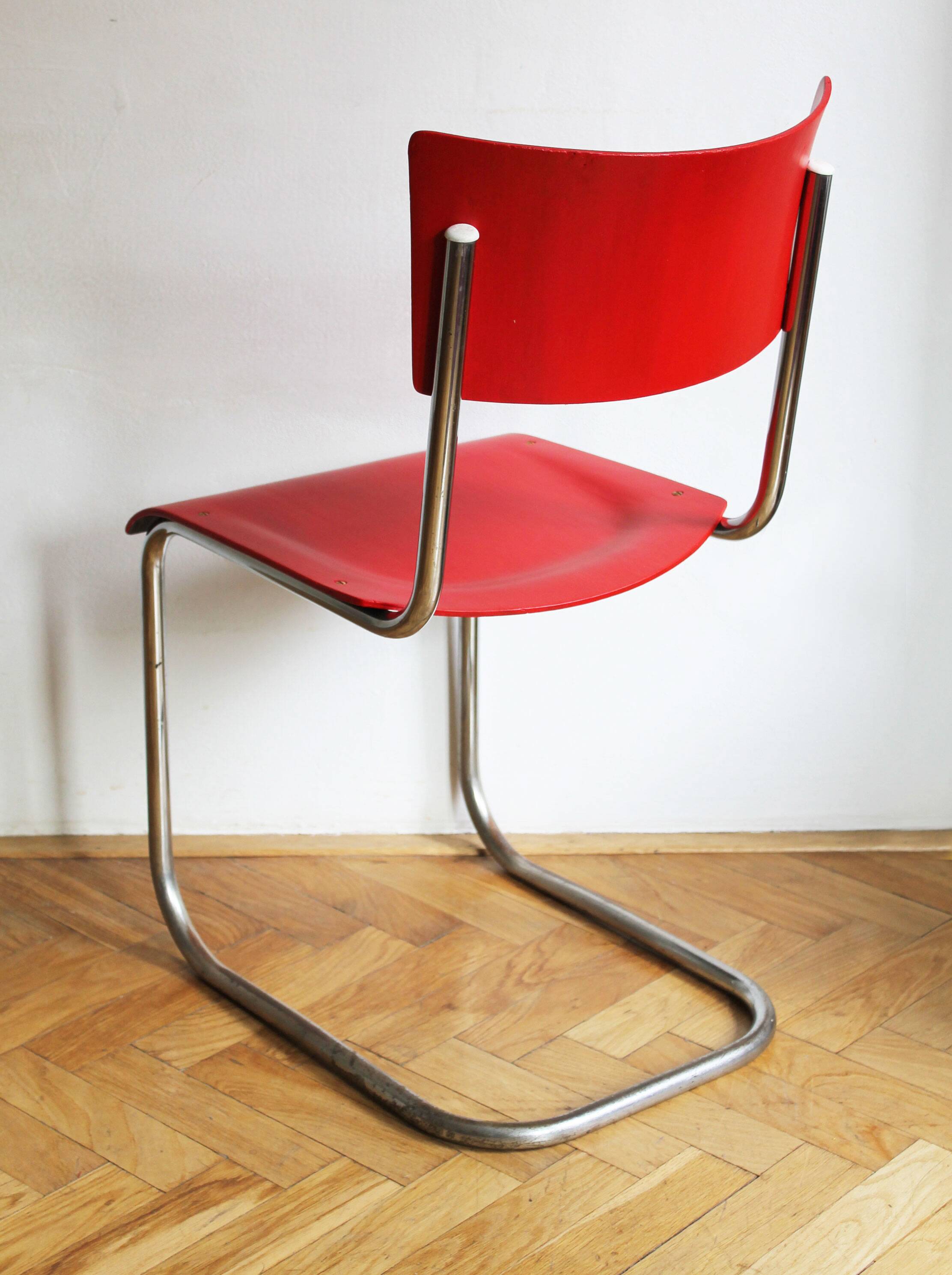 Bright Red 1950's Modernist cantilevered Chair