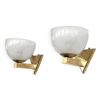 Italian Murano Reticello Glass and Brass Wall Lights in Art Deco Style