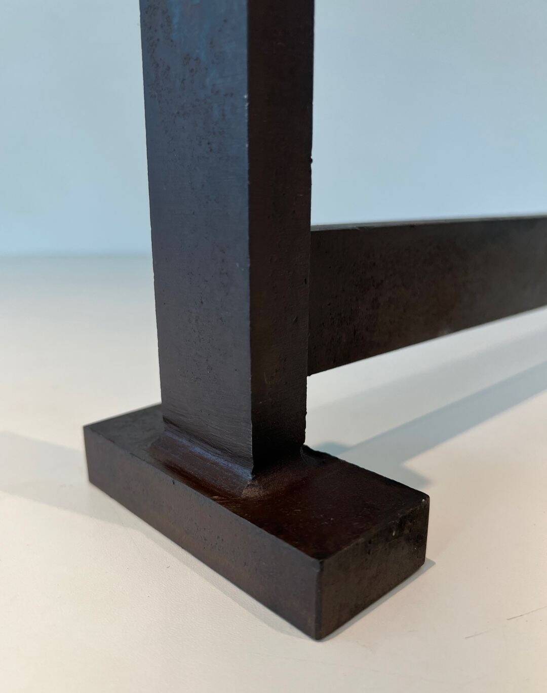 Pair of Minimalist Modernist Wrought Iron Chenets with Torch Holders in Nut Design