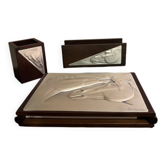 Silver and wood desk set