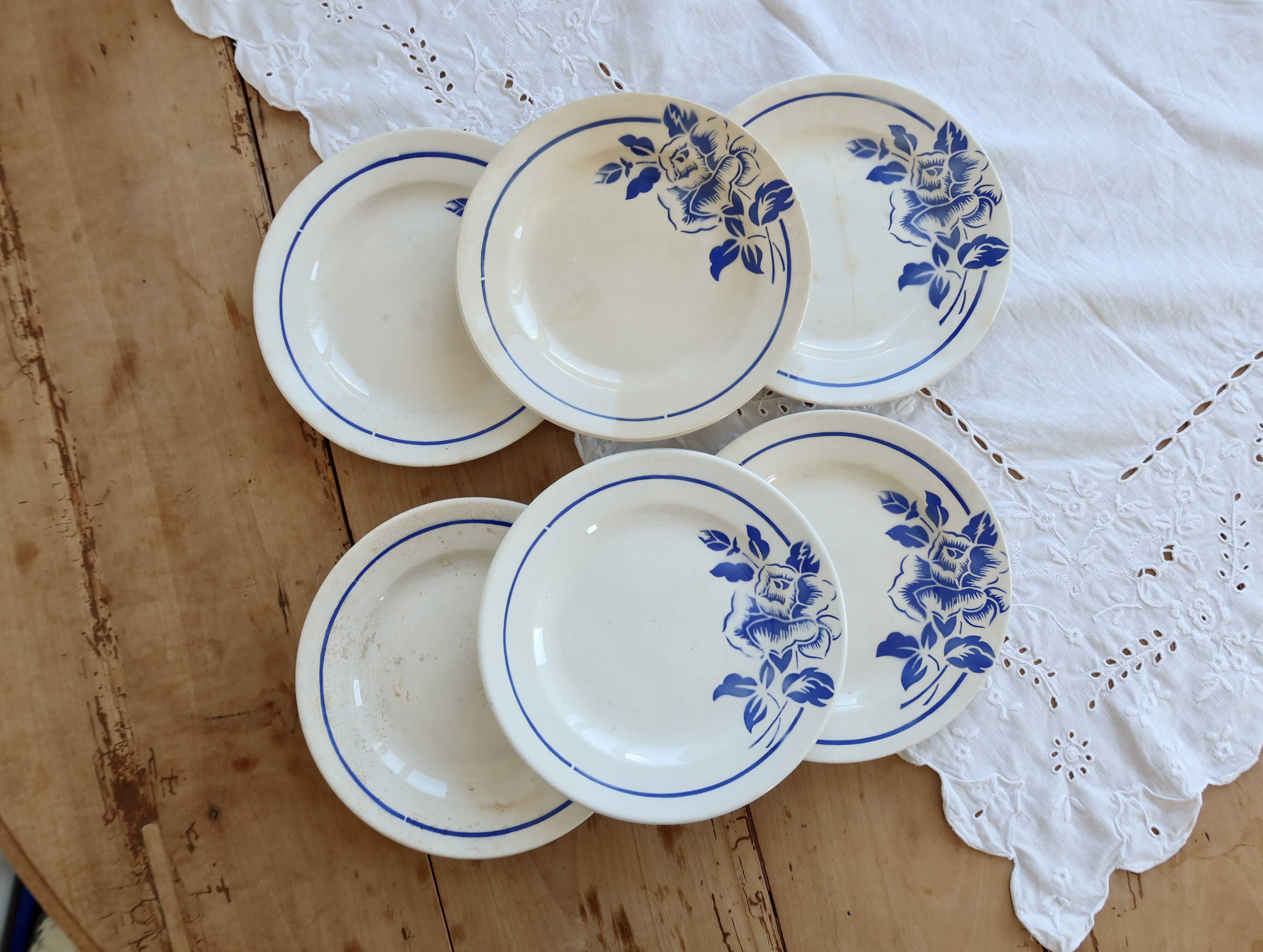 6 vintage ironstone dessert plates Digoin Sarreguemines Hubert blue