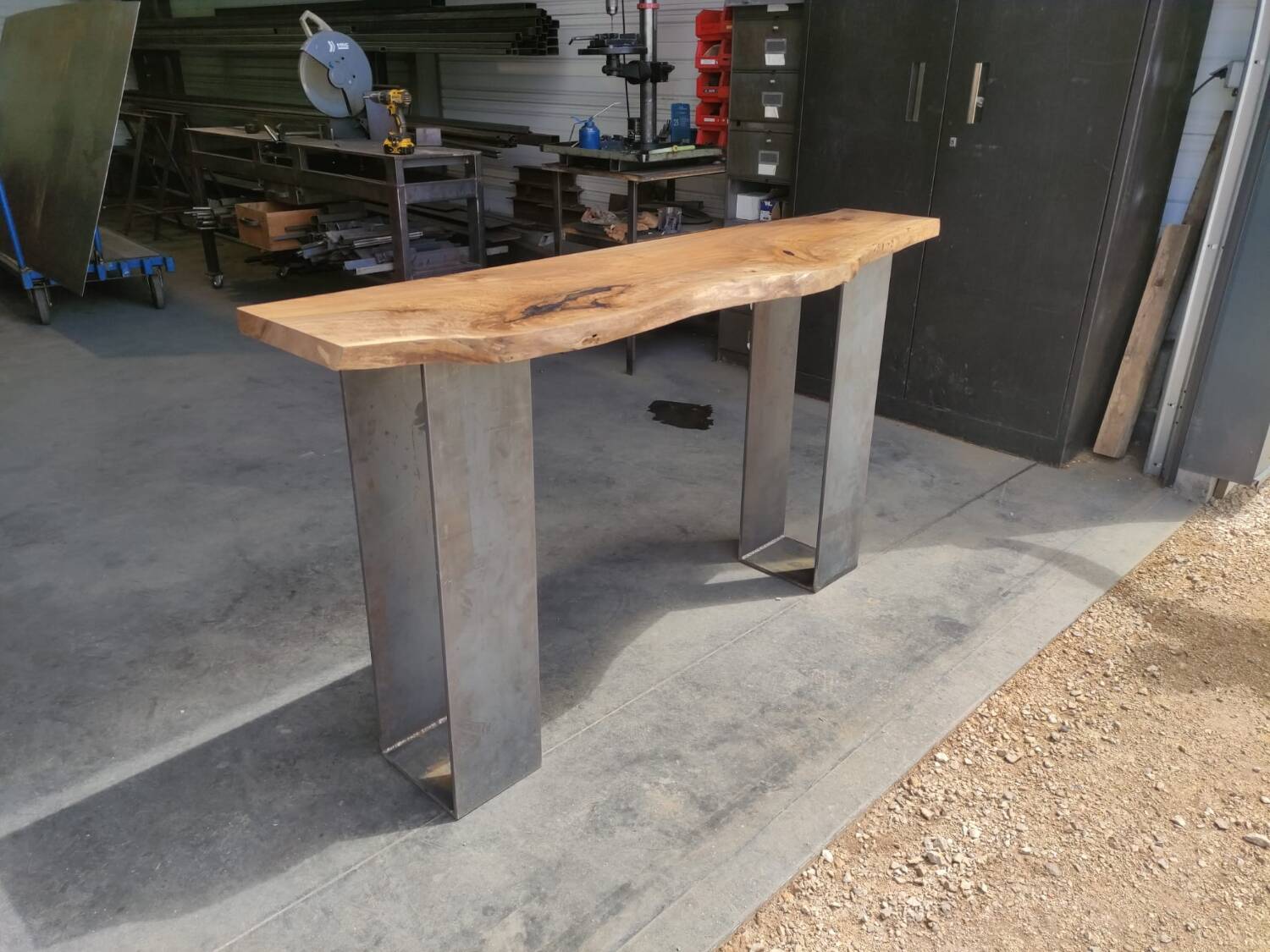 Walnut console with steel legs