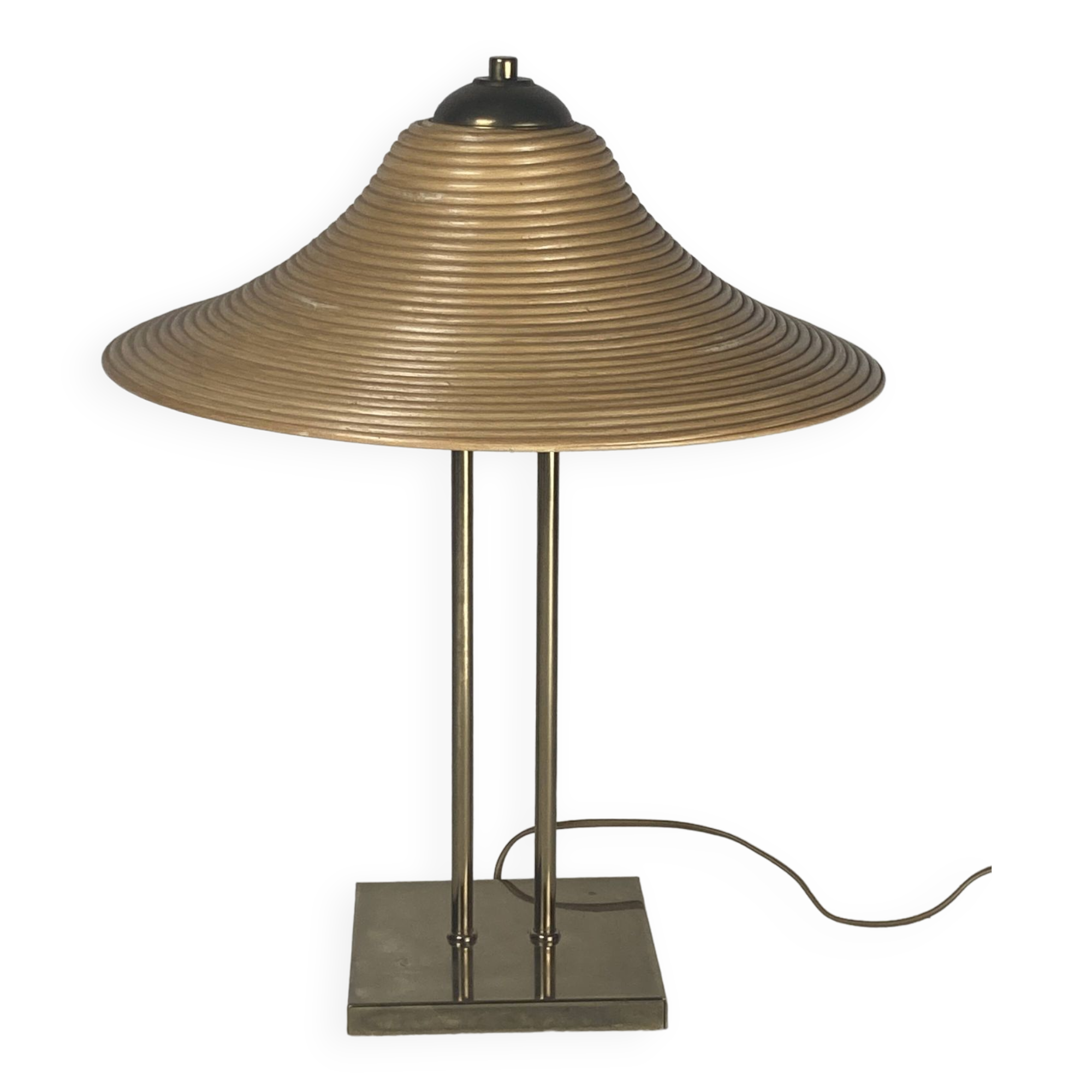 Brass and pencil reed rattan table lamp, Italy 1970s