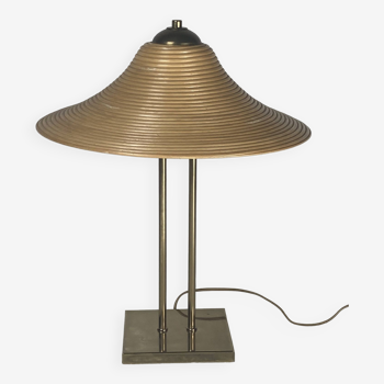 Brass and pencil reed rattan table lamp, Italy 1970s