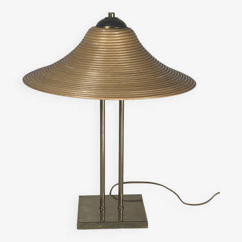 Lampe de table en laiton et rotin en roseau, Italie 1970