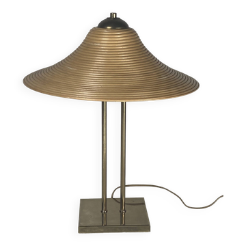 Brass and pencil reed rattan table lamp, Italy 1970s