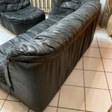 Vintage Black Leather Sofa Design Circa 1980