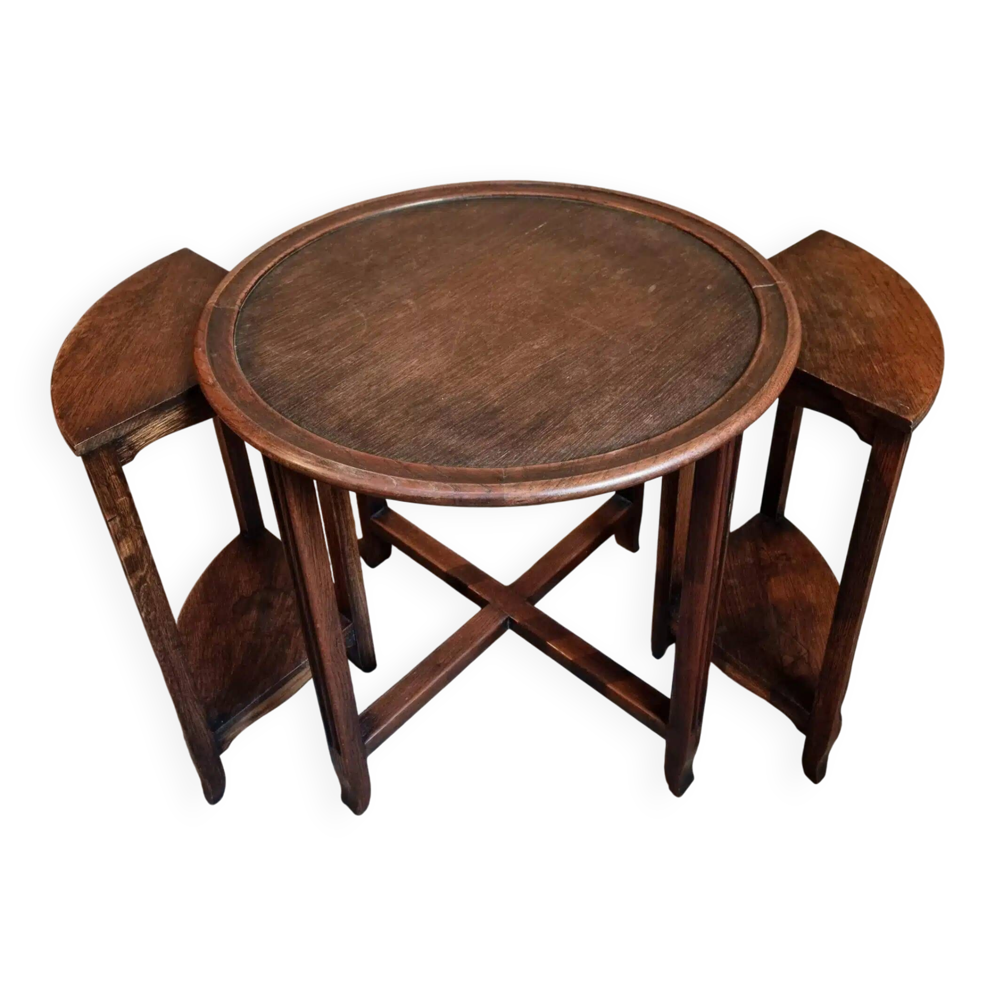 Vintage oak nesting tables set, round coffee table from the 1960s with two integrated side tables.