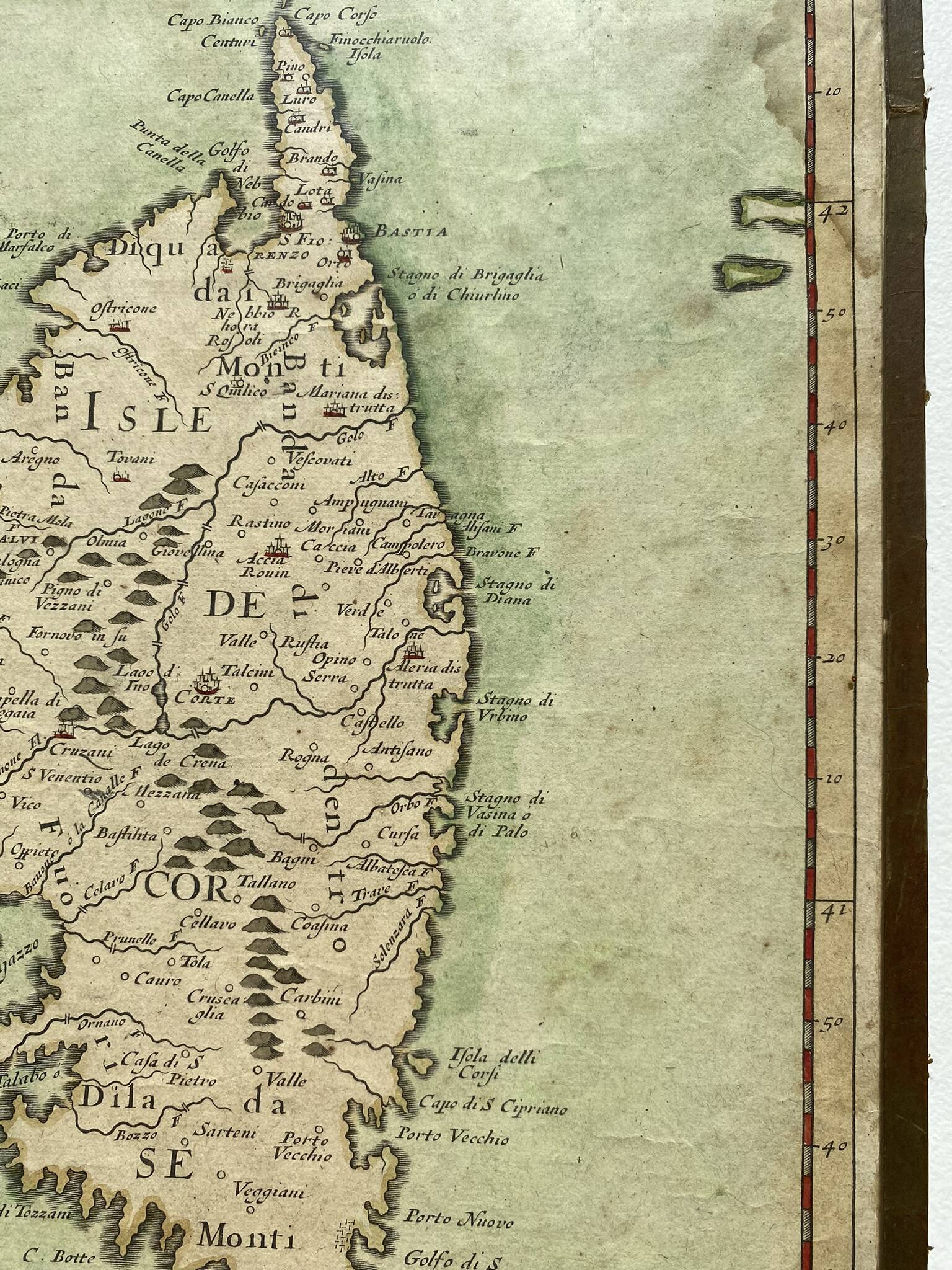 Old map of the Isle of Corsica framed under glass