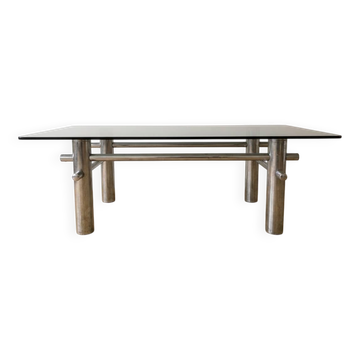 Vintage 1970s coffee table in smoked glass and chrome metal.