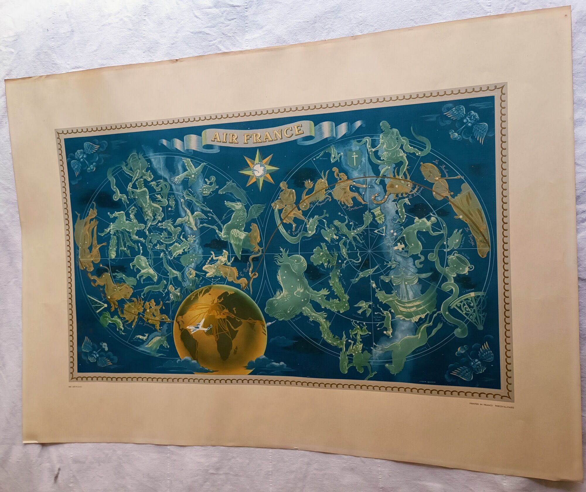 Poster Air France ancienne - planisphère Constellation - Lucien Boucher 50's